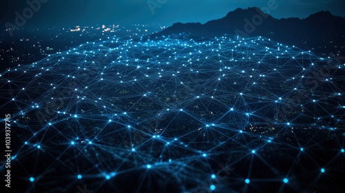 Abstract representation of a network over a landscape at night.