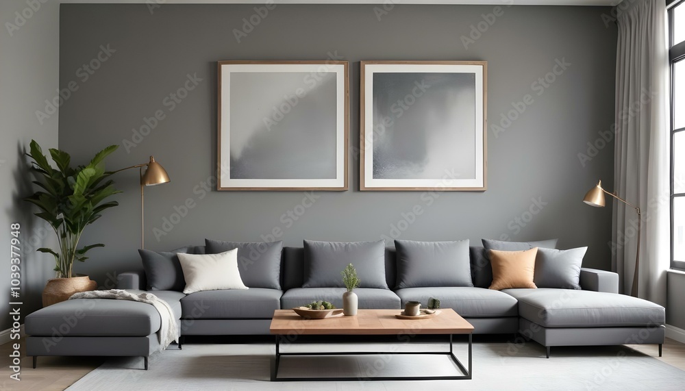 A modern living room with a large gray sectional sofa, a wooden coffee table, and a framed blank wall art on the gray wall. A modern living room with a large gray sectional sofa, a wooden coffee table, and a framed blank wall art on the gray wall.