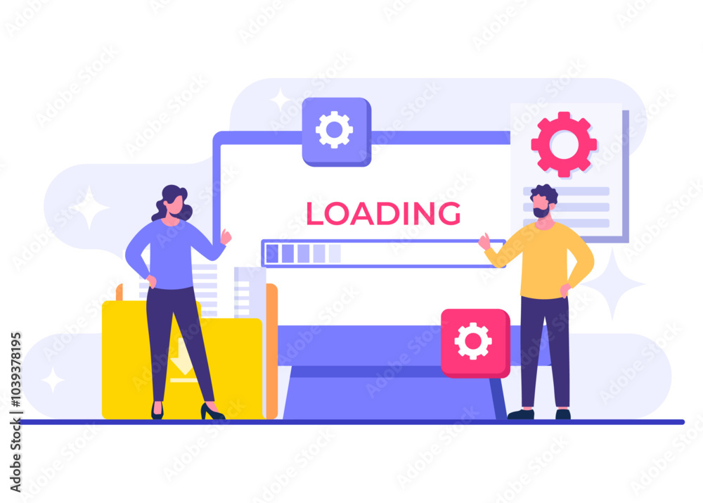 System maintenance flat vector illustration, Error, Fixing trouble, Device updating, Software system under maintenance, Software upgrade process on devices, People update operation system