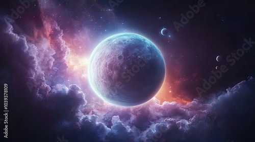 Colorful depiction of a planet surrounded by cosmic clouds and stars.