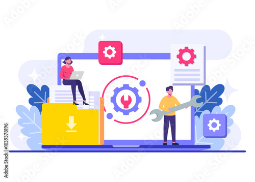 System maintenance flat vector illustration, Error, Fixing trouble, Device updating, Software system under maintenance, Software upgrade process on devices, People update operation system