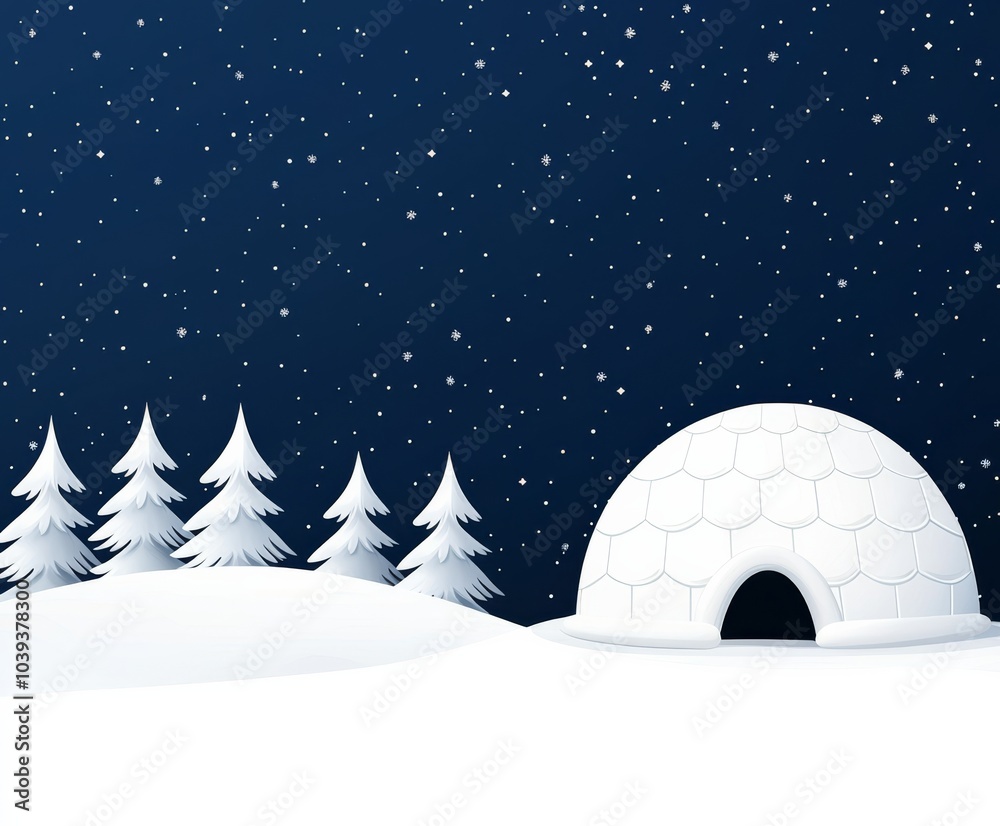 A tranquil winter scene featuring a snow-covered landscape with an igloo and snow-laden trees under a starry night sky. A tranquil winter scene featuring a snow-covered landscape with an igloo and snow-laden trees under a starry night sky.