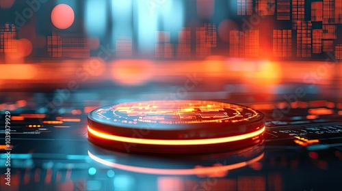 Futuristic coin on a glowing surface, tech background