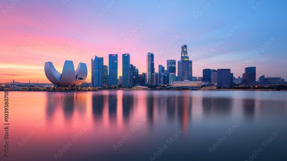 Fototapeta premium Stunning Sunset Over Singapore's Iconic Skyline Reflected in Calm Waters