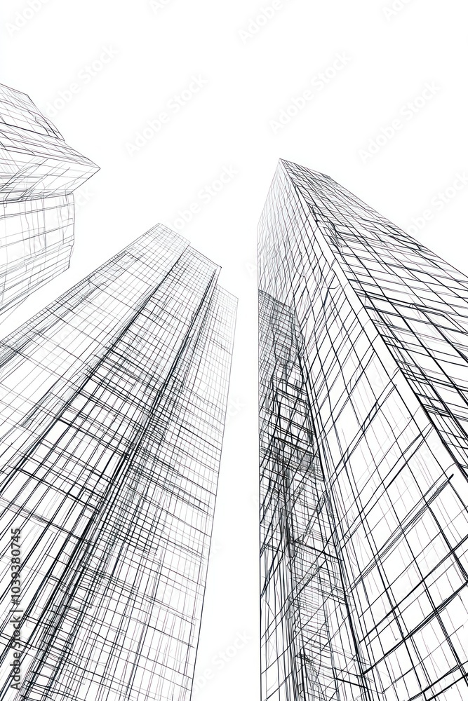 Fototapeta premium Wireframe illustrations of abstract skyscraper designs in artistic style.