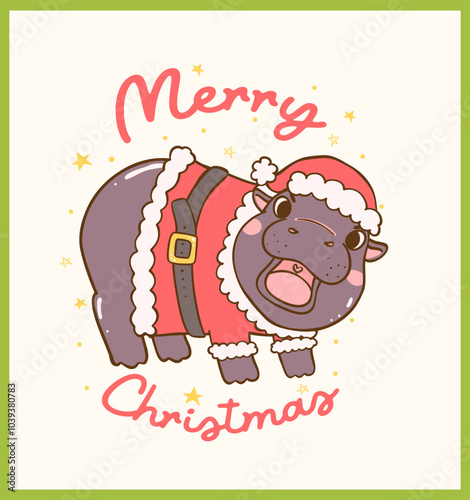 Retro Christmas Baby Pygmy Hippo in Santa uniform Hand Drawn Cartoon Characters idea for greeting card photo