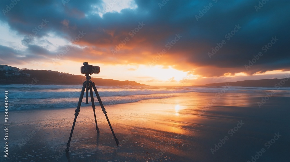 A camera on a tripod captures a stunning sunset over the ocean. A camera on a tripod captures a stunning sunset over the ocean.
