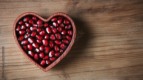 Heart Shaped Bowl of Pomegranate Seeds on Wooden Background