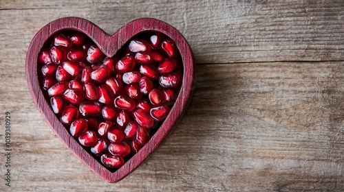 Pomegranate Seeds in Heart Shaped Bowl on Rustic Wooden Background