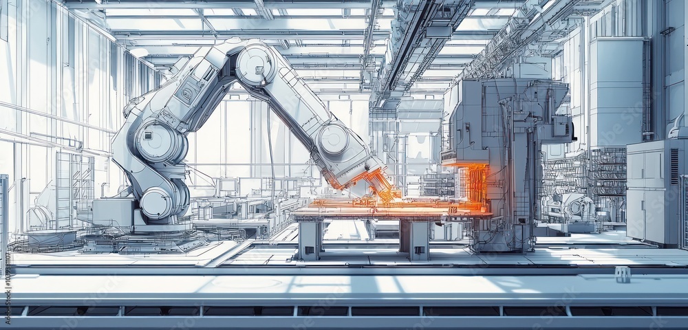 Conceptual wireframe graphics depicting an advanced robotic assembly line. Conceptual wireframe graphics depicting an advanced robotic assembly line.