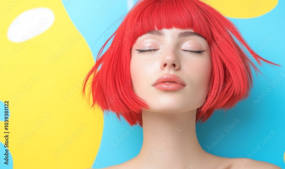 Fototapeta premium Bold Cherry Red Hair Against Vivid Abstract Backdrop in Modern Editorial Style
