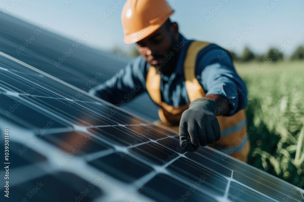Engineer installing solar panel in green energy farm Engineer installing solar panel in green energy farm