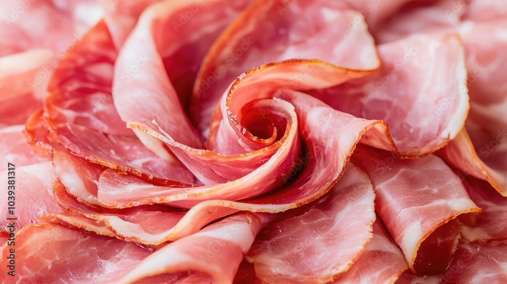 Close-up of beautifully arranged slices of cured meat in spiral formation, isolated. Close-up of beautifully arranged slices of cured meat in spiral formation, isolated.