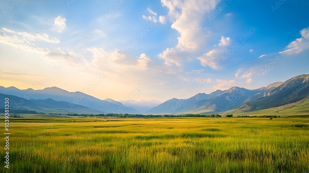 Fototapeta premium Majestic Mountain Landscape Framing Vast Pastoral Meadows and Serene Horizons