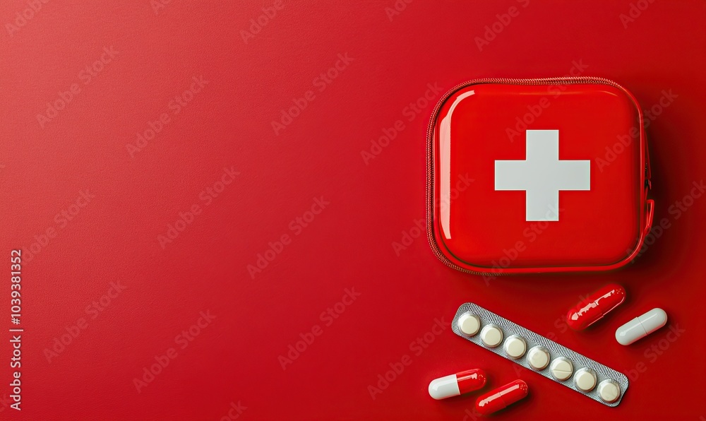 Fototapeta premium Red first aid kit with white cross and medical supplies on a red background