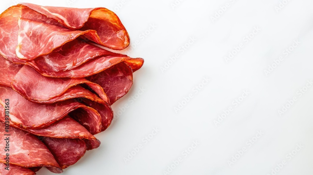 Delicious slices of cured meat on a white isolated background. Delicious slices of cured meat on a white isolated background.