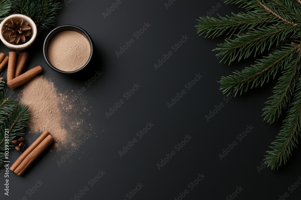 Christmas baking ingredients forming a border on dark background