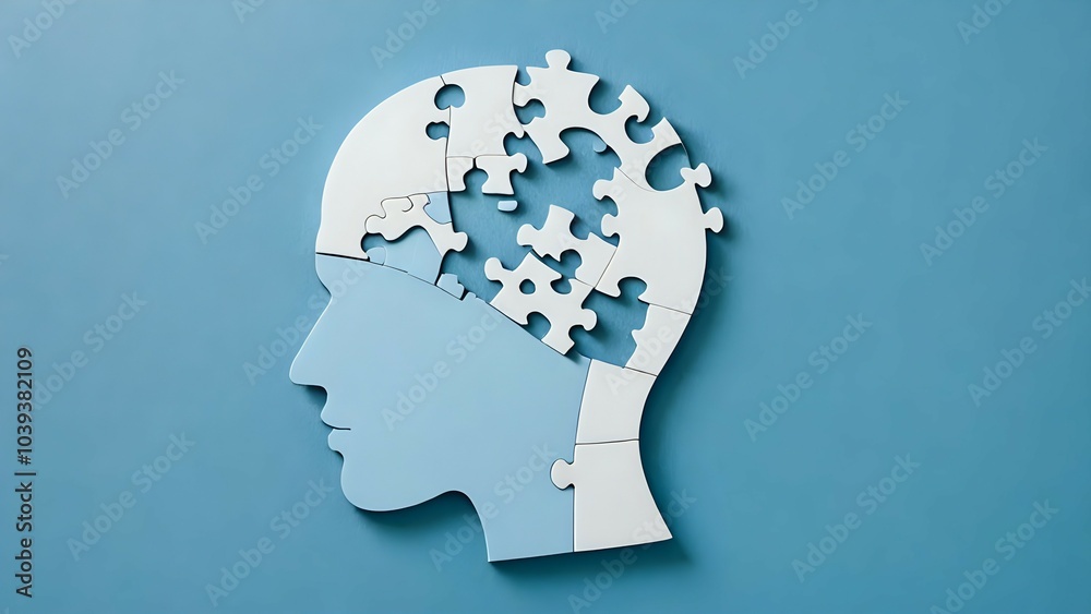 A human head made from a puzzle with many missing pieces. A human head made from a puzzle with many missing pieces.