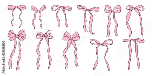 A row of pink bows are shown in various positions. The bows are all different sizes and are arranged in a line. Concept of elegance and femininity
