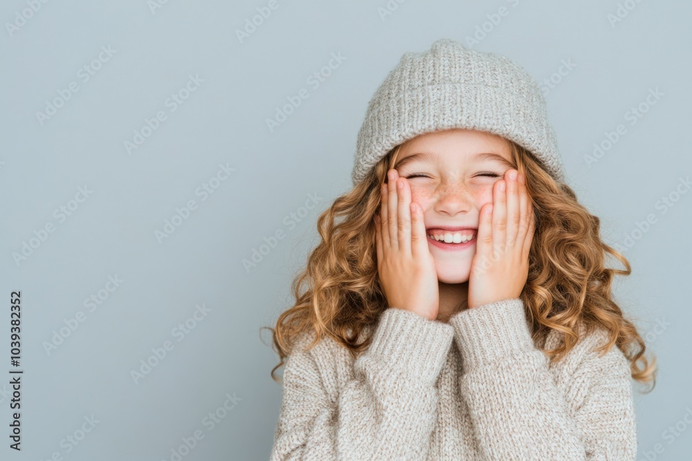 Cute little girl with beanie and sweater smiling holding her cheeks Cute little girl with beanie and sweater smiling holding her cheeks