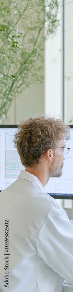 Fototapeta premium Focused Male Scientist Analyzing Data in Modern Laboratory Setting