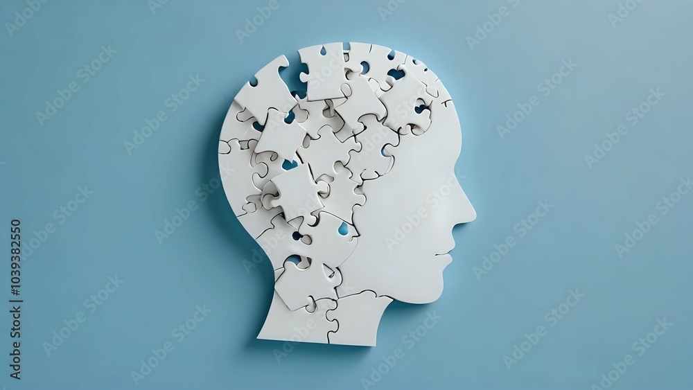 A human head shape is made from puzzle pieces, representing the complexity of the human mind. A human head shape is made from puzzle pieces, representing the complexity of the human mind.