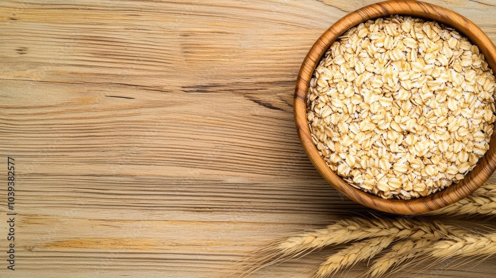 Healthy oats in a wooden bowl on a rustic wooden table. Healthy oats in a wooden bowl on a rustic wooden table.