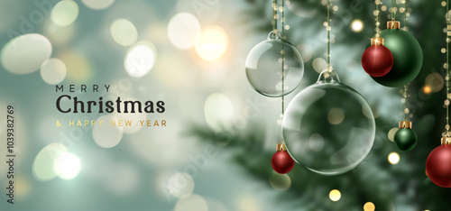 Decorated Christmas tree hanging glass transparent bauble ball, green and red ornaments. Realistic Xmas 3d design. Merry Christmas and Happy New Year poster and banner. Vector illustration