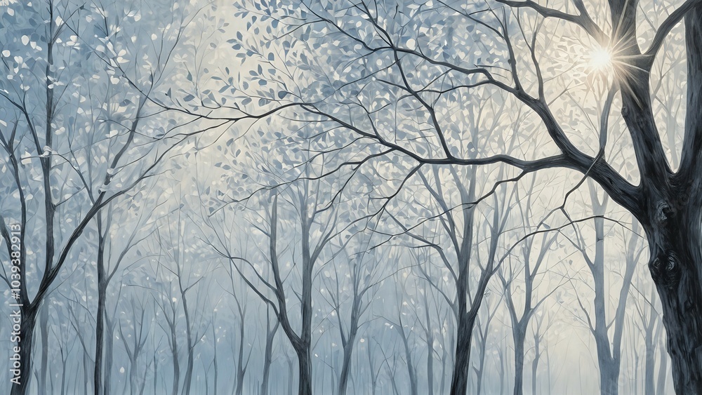 Fototapeta premium Sun shining through bare trees in a misty forest.