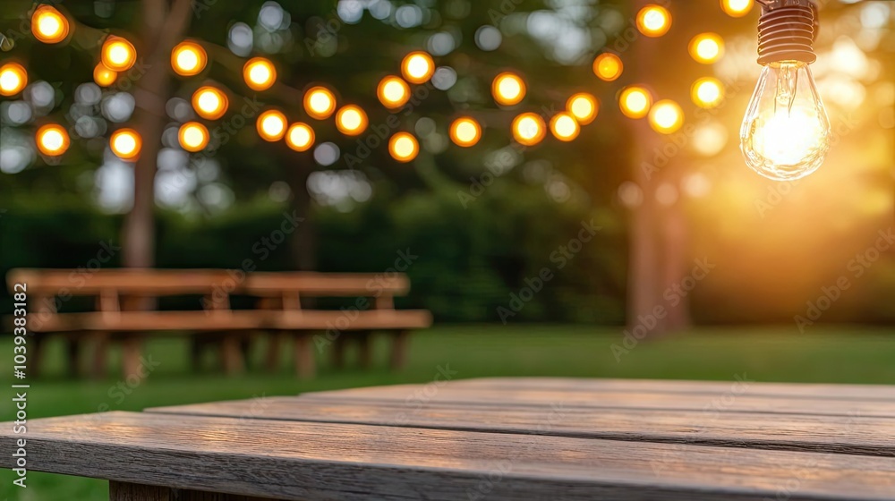 Outdoor table with hanging lights, perfect for cozy gatherings and relaxation. Outdoor table with hanging lights, perfect for cozy gatherings and relaxation.