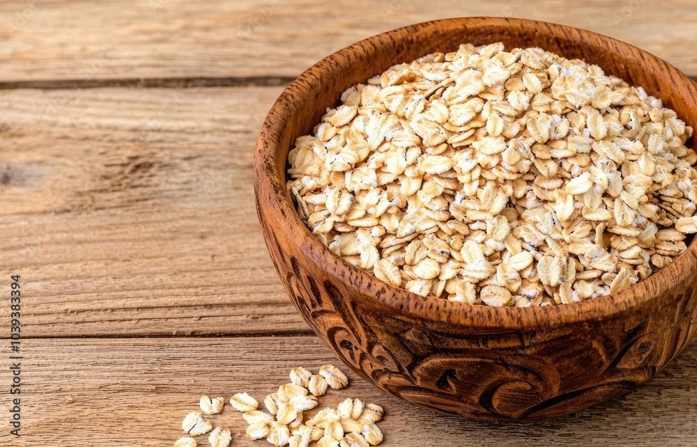 Oats in a wooden bowl on a rustic wooden table, healthy breakfast option. Oats in a wooden bowl on a rustic wooden table, healthy breakfast option.