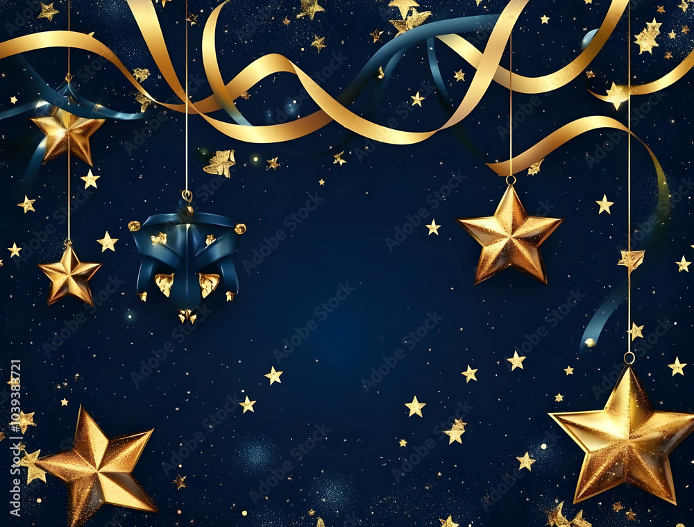 Fototapeta premium Dark Blue Background with Golden Stars and Ribbons