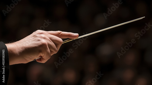 Conductor's hand holding baton in a performance against dark background