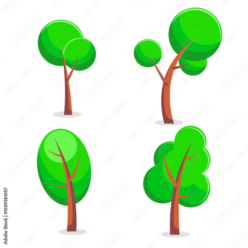 Fototapeta premium Flat Illustration of Four Green Leaf Trees with Brown Trunks for Nature Designs