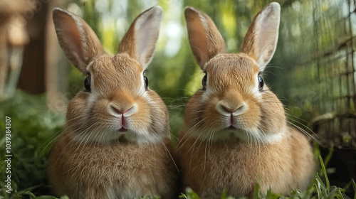 Two curious rabbits with big ears in garden setting