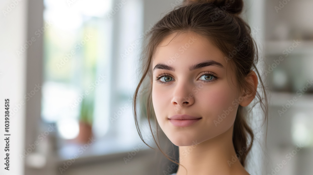 Portrait of a young woman with blue eyes and natural makeup in a bright room Portrait of a young woman with blue eyes and natural makeup in a bright room