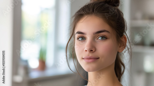 Portrait of a young woman with blue eyes and natural makeup in a bright room