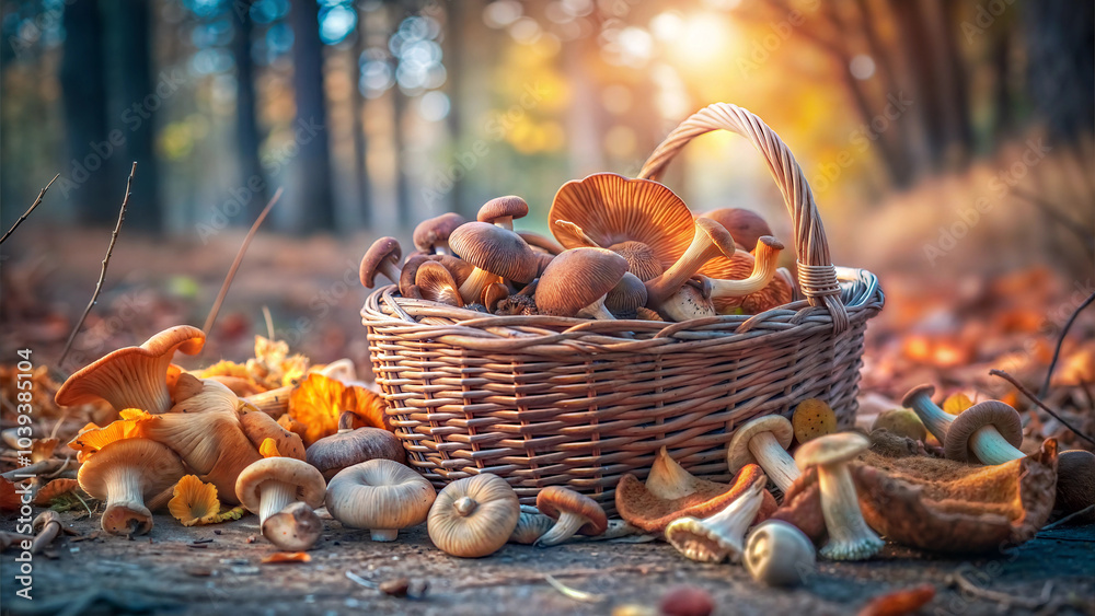 Mushroom Basket in Autumn Forest..