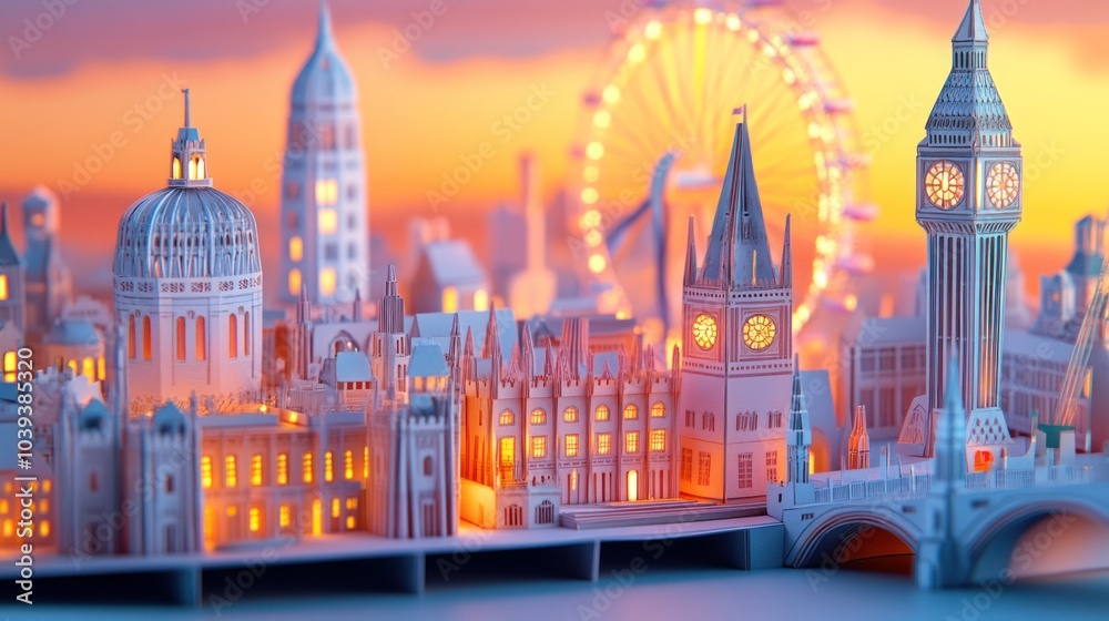 A vibrant, illuminated paper model of a cityscape featuring iconic buildings and a ferris wheel. A vibrant, illuminated paper model of a cityscape featuring iconic buildings and a ferris wheel.