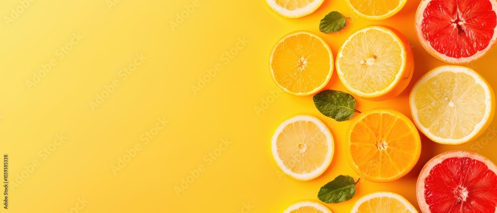 Colorful citrus fruits arranged on a bright yellow background.