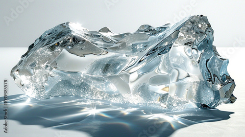 A glistening ice sculpture reflects sunlight in a serene indoor setting during daytime