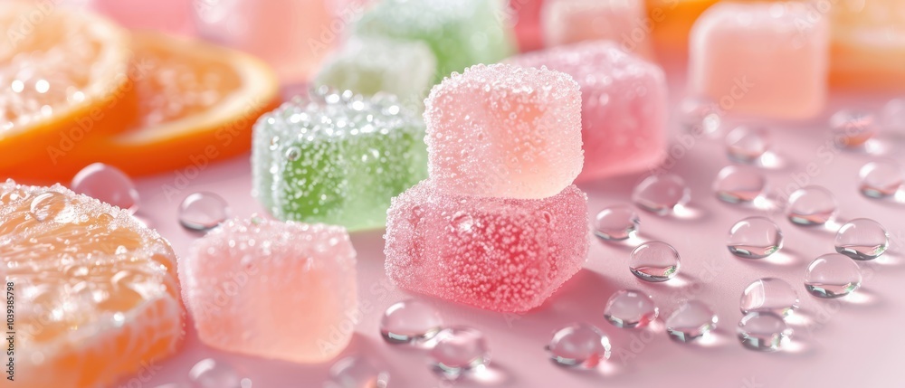 Colorful gummy candies with fruits on a pink background and water droplets. Colorful gummy candies with fruits on a pink background and water droplets.