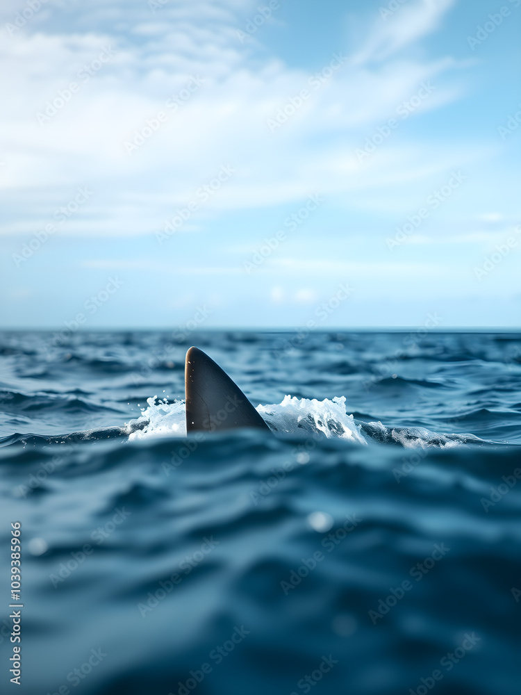 Fototapeta premium Outdoor photo of photorealistic image of the open ocean shot at the waterline with a shark fin breaching the surface at a distance depth of field blur. Generative AI