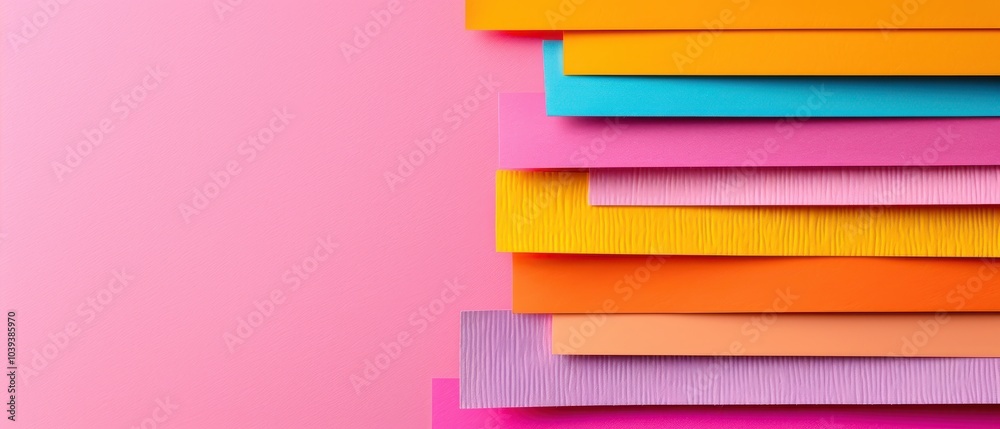 Colorful paper sheets stacked on a pink background, ideal for creative projects. Colorful paper sheets stacked on a pink background, ideal for creative projects.