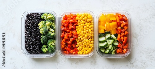 Wallpaper Mural Healthy Meal Prep Containers with Black Rice, Broccoli, Red Pepper, Corn, Yellow Pepper, Cucumber, Torontodigital.ca
