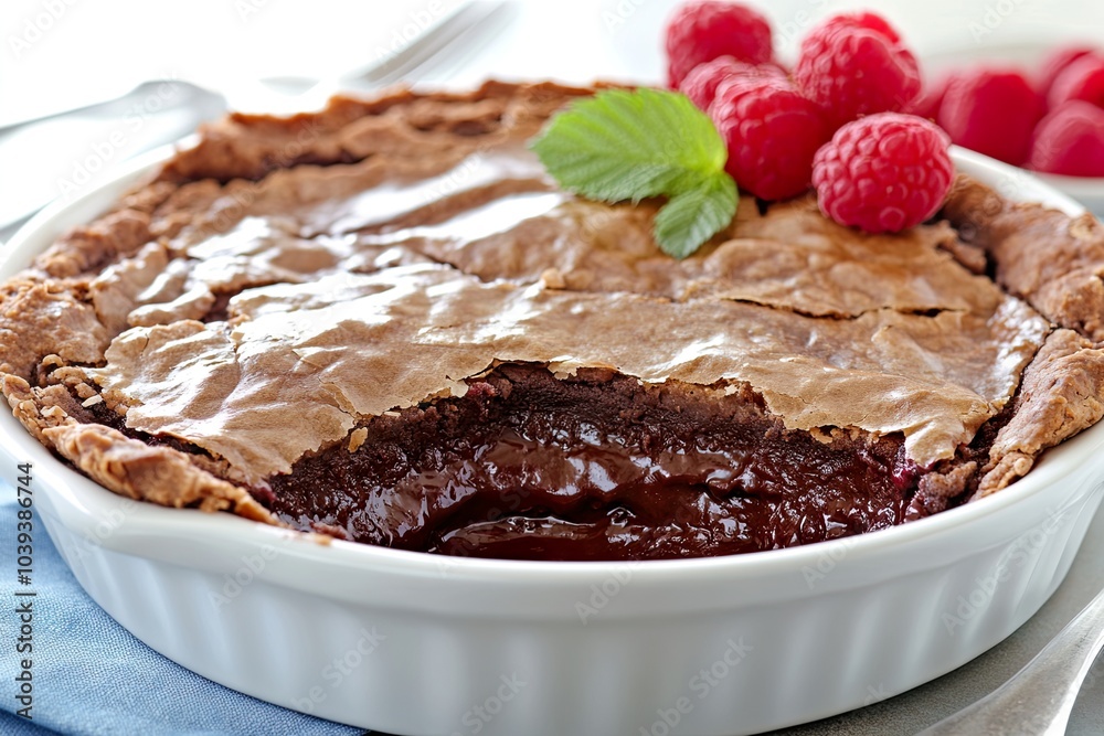 Chocolate pie with raspberries and mint garnish. Chocolate pie with raspberries and mint garnish.