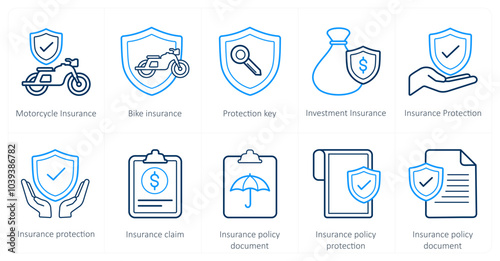 A set of 10 Insurance icons as motorcycle insurance, bike insurance, protection key