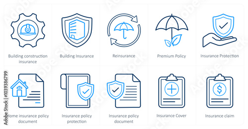 A set of 10 Insurance icons as building construction insurance, building insurance, reinsurance