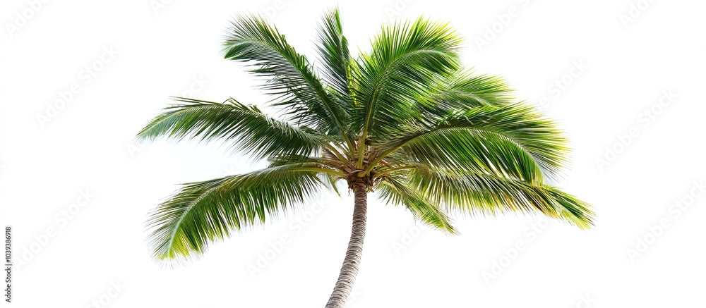 Obraz premium A solitary coconut palm tree against a white backdrop, with lush tropical leaves. 