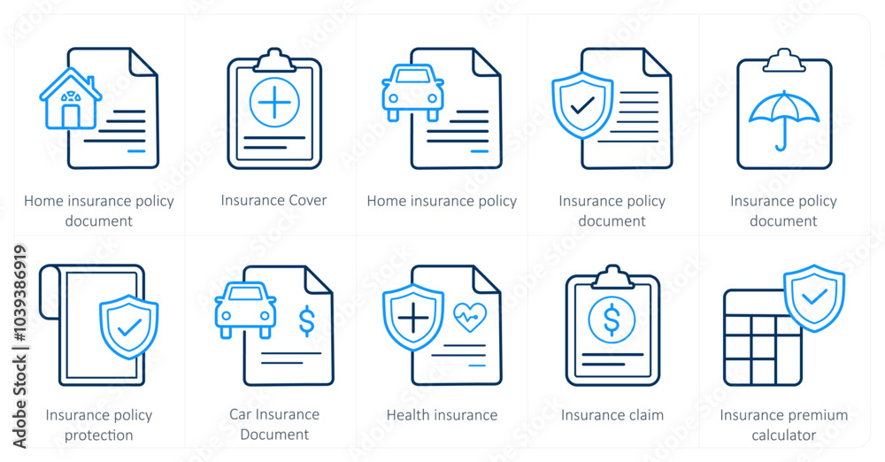A set of 10 Insurance icons as home insurance policy document, insurance cover, home insurance policy A set of 10 Insurance icons as home insurance policy document, insurance cover, home insurance policy